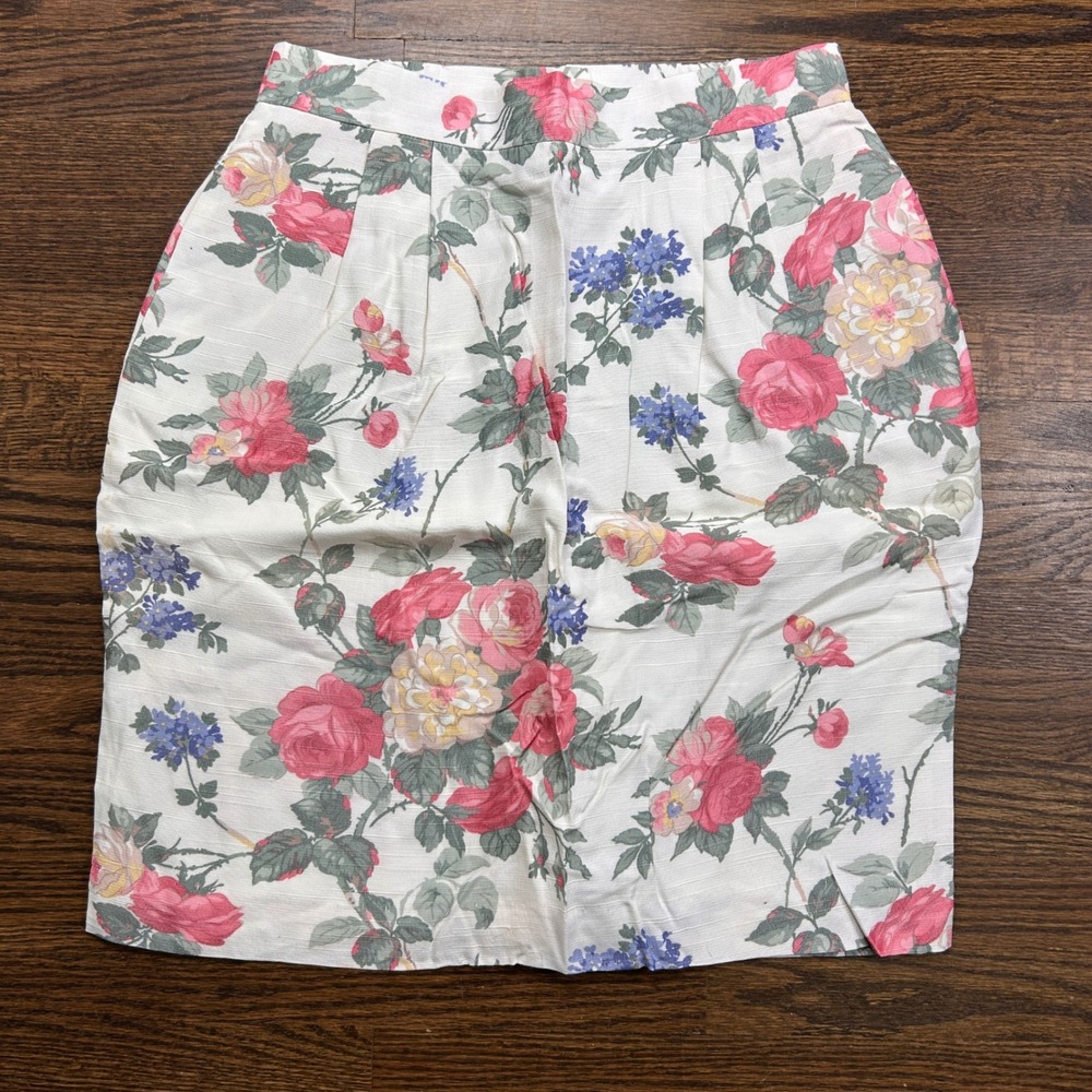 Vtg Worthington Floral Pencil Skirt‎ Pink Rose Pleated Made in USA Size 14 M